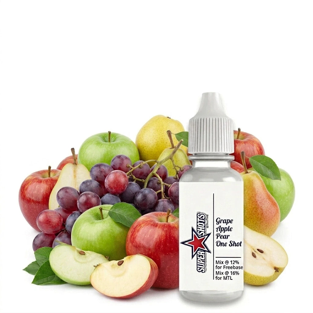 One Shot Grape Apple Pear Ice flavor shot, showing the colorful liquid in a small bottle with a label featuring grapes, apples, and pears.
