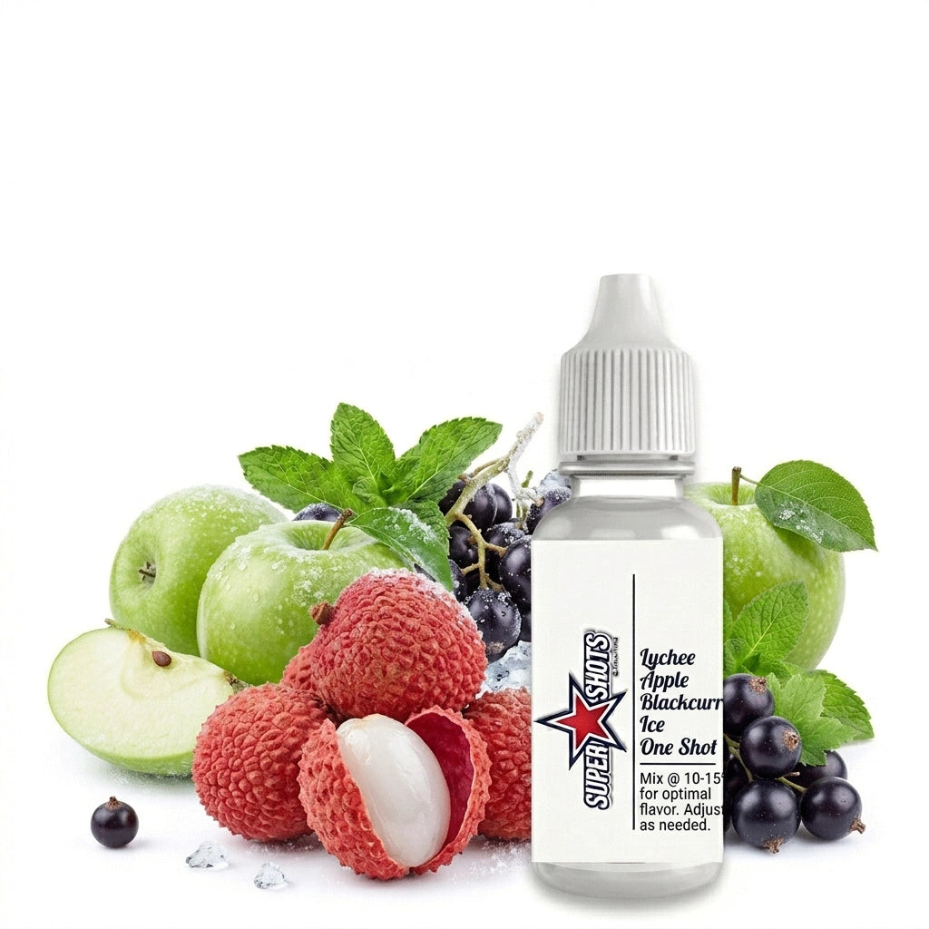 One Shot Lychee Apple Blackcurrant Ice flavor shot in a small bottle with colorful label, showcasing the product.