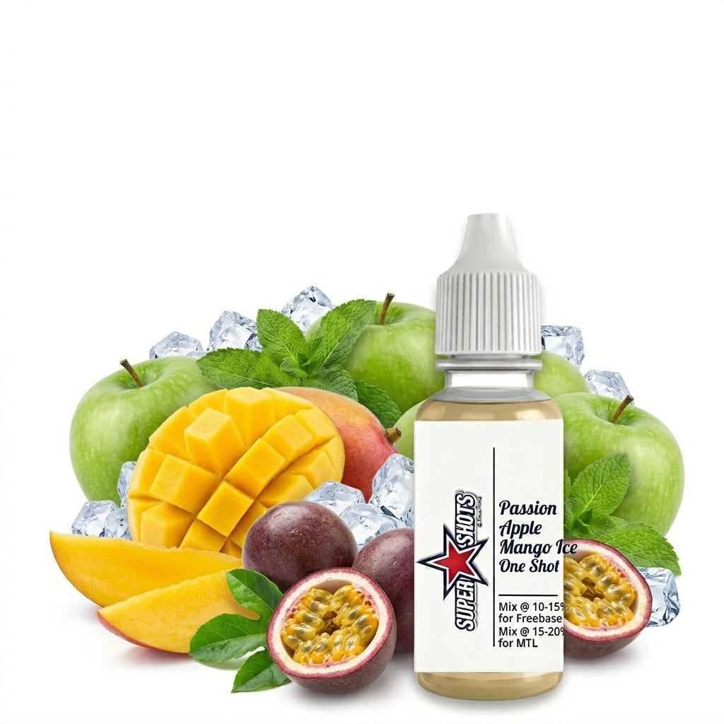 One Shot Passion Apple Mango Ice flavor shot in a small bottle with vibrant label and colorful fruit illustrations.