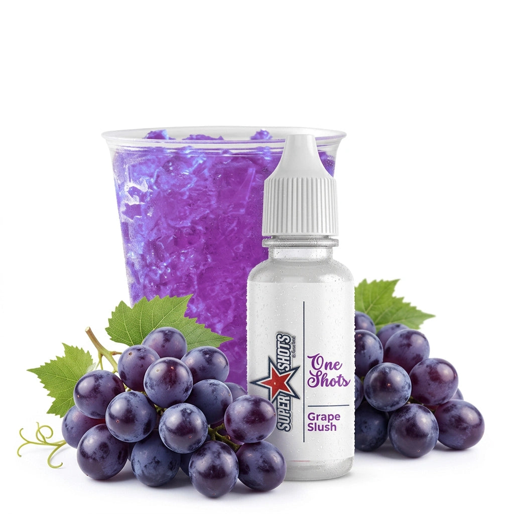 Grape Slush flavor One Shot e-liquid bottle by One Shot, with vibrant purple label and liquid inside, for vaping enthusiasts.