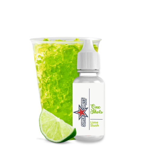 One Shot Lime Slush flavor shot bottle, bright green liquid inside a clear plastic container, ready for mixing or flavoring.