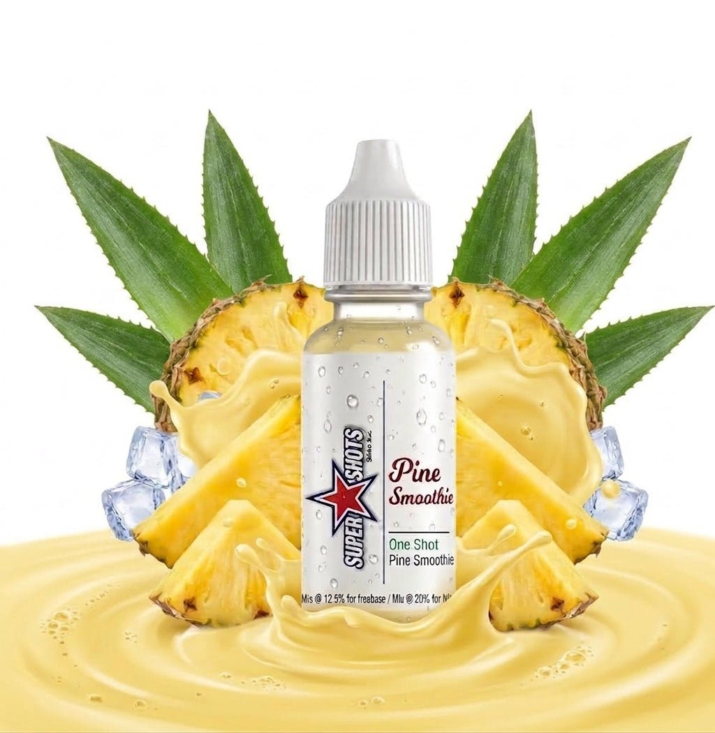 One Shot Pine Smoothie flavor in a single-shot bottle, with fresh pine fruit and smoothie ingredients visible.
