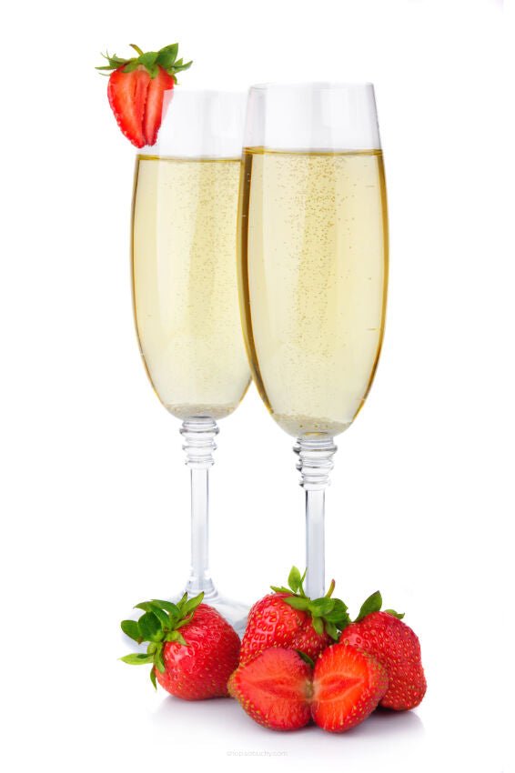 Bottle of Super Aromas Strawberry Champagne aroma flavor with strawberries and champagne-themed label.