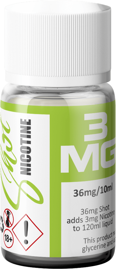 Long fill freebase nicotine shot for steam engine e-liquids, 10ml bottle with 3mg to 36mg nicotine strength by Flavour World SA.