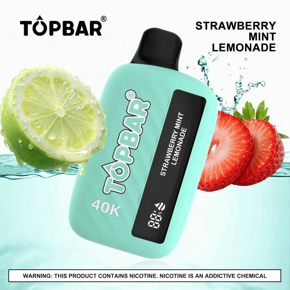 TOPBAR 40K Strawberry Mint Lemonade flavored e-liquid bottle, featuring a vibrant label with fresh strawberries and mint leaves.