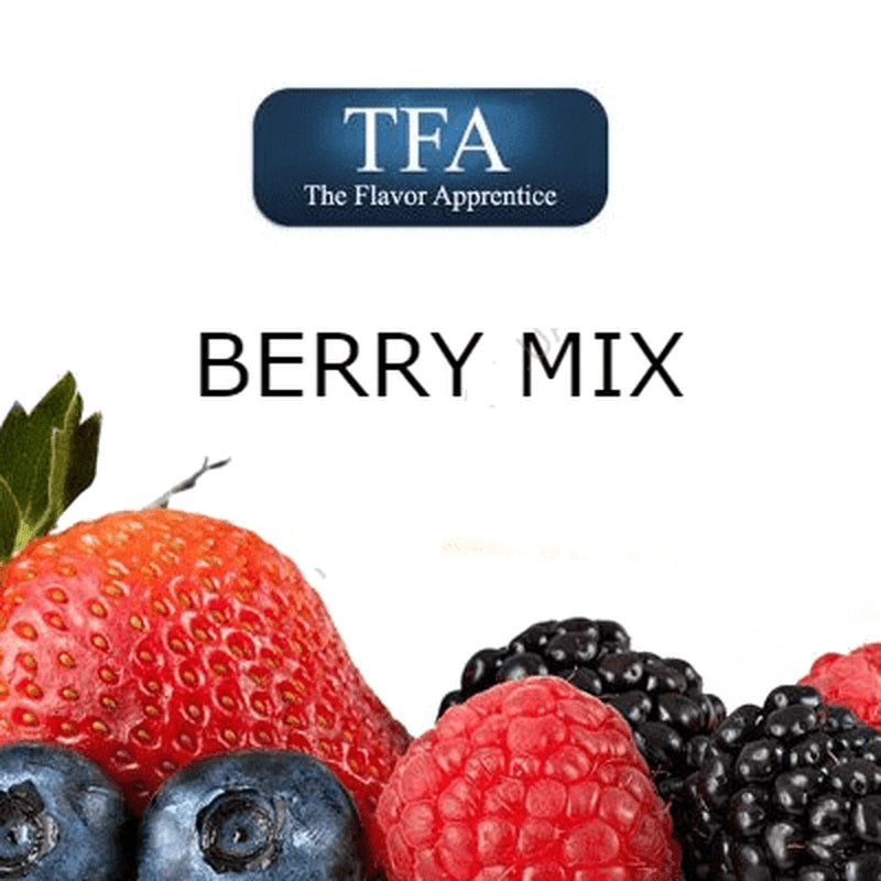 TFA Berry Mix flavor concentrate by TFA/TPA Flavour Concentrates, showing a colorful bottle of berry-flavored e-liquid concentrate.