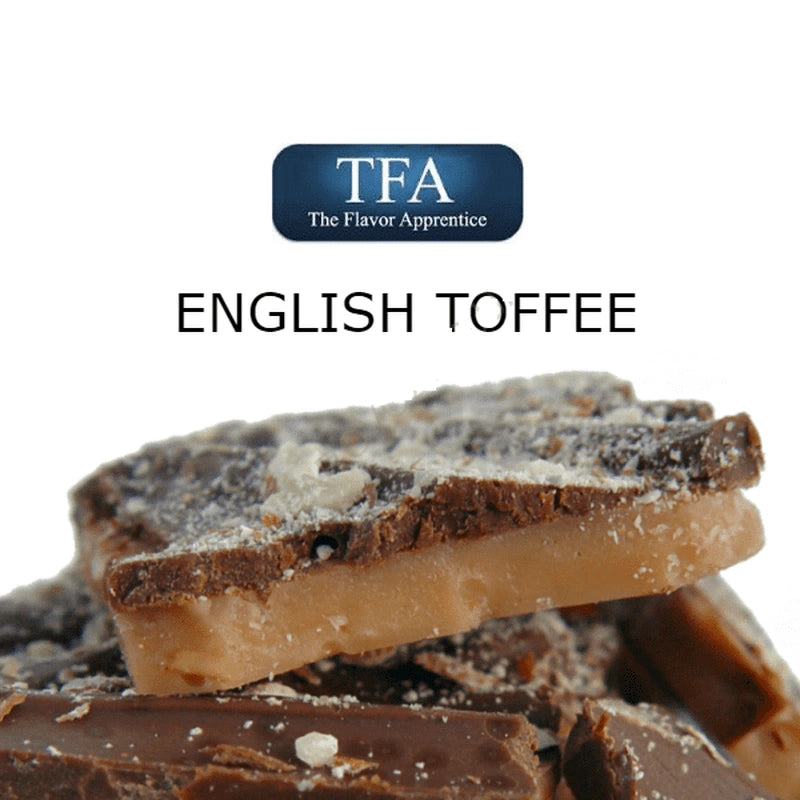 TFA English Toffee flavor concentrate bottle from TFA/TPA Flavour Concentrates, with label and product packaging visible.