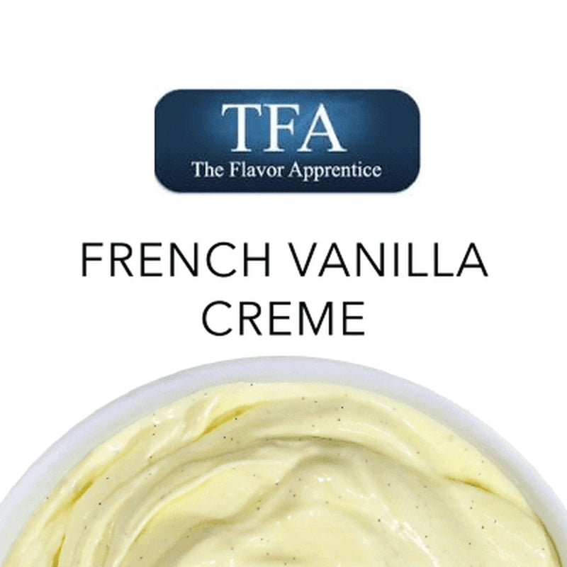TFA French Vanilla Creme flavor concentrate from TFA Flavour Concentrates, shown in a small bottle with a white label.