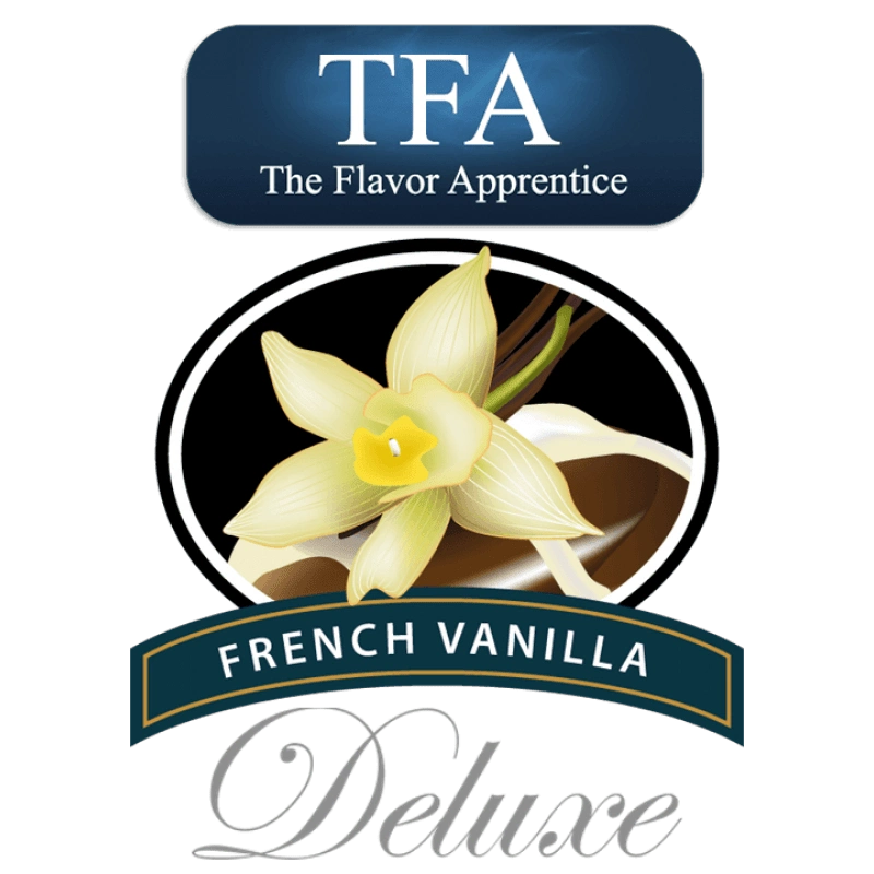 TFA French Vanilla Deluxe flavor concentrate bottle from TFA/TPA Flavour Concentrates, featuring the vanilla flavoring in a clear bottle
