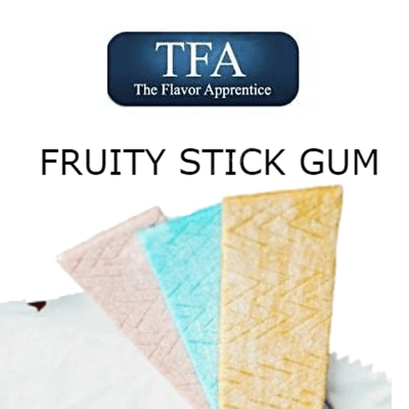 TFA Fruity Stick Gum flavor concentrate bottle from TFA/TPA Flavour Concentrates with colorful packaging.