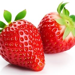 Fresh TFA Strawberry flavor concentrate in a clear bottle, showcasing vibrant red strawberry imagery and branding.