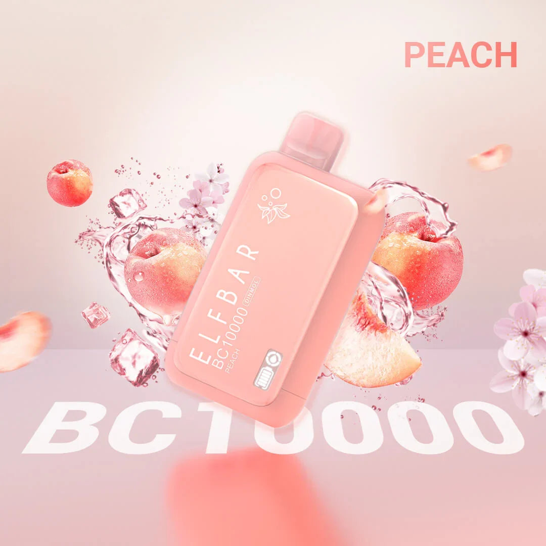 Elf Bar BC10000 Peach Ice 5% disposable vape with peach flavor and cooling ice finish, displayed with packaging in the image.