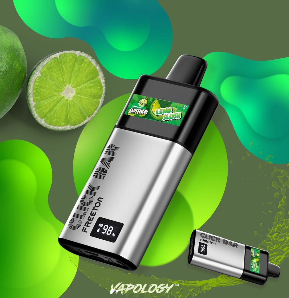 Vapology Lime Slush Click Pod with Flavour World Sa 7000+ puff battery and free Click Bar for vaping satisfaction