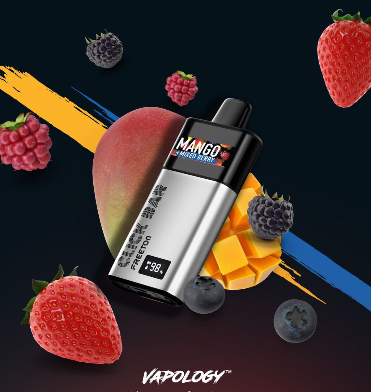 Vapology Mango Mix Berry Click Pod with Flavour World Sa 7000+ puff battery and free Click Bar for disposable vaping.