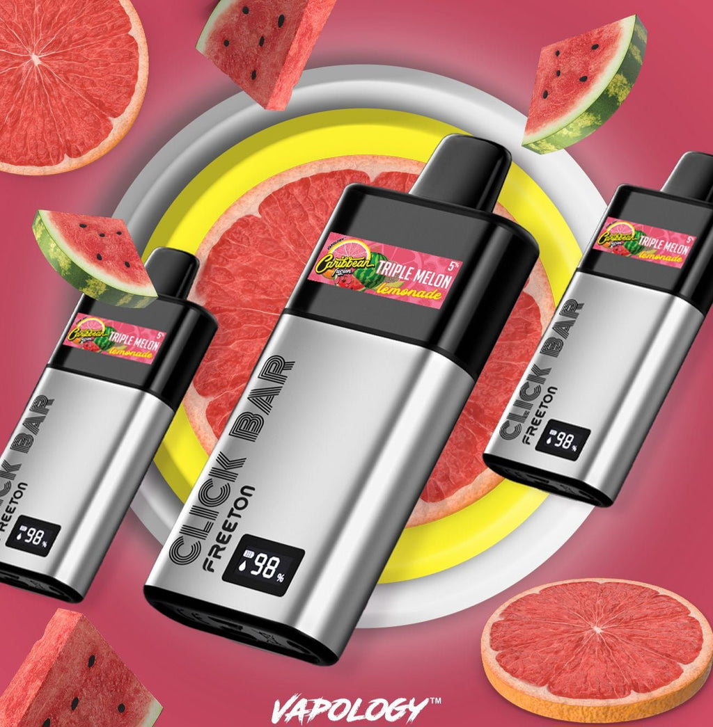 Vapology Triple Melon Click Pod with Flavour World Sa 7000+ puff battery and removable click bar for vaping.
