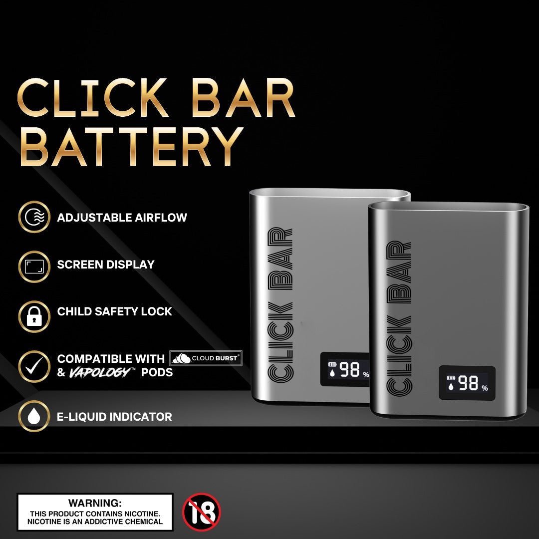 Silver Vapology Click Bar battery with digital screen and adjustable airflow