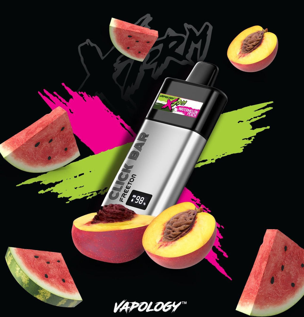 Vapology Click Bar Watermelon Peach pod vape with pink green graphics