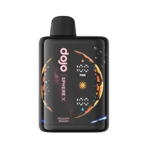 Vaporesso Dojo Sphere X 40k vape device with Peachy Smash 5% e-liquid, showing the colorful device and packaging.