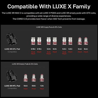 Vaporesso Luxe XR Max 2 vaping device with sleek design and large screen display, showcasing modern vaporizers from Vaporesso Devices and Coils.