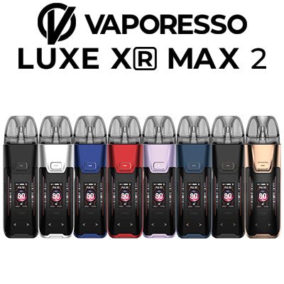 Vaporesso Luxe XR Max 2 vape device with sleek design and digital display screen, featuring Vaporesso Devices and Coils branding.