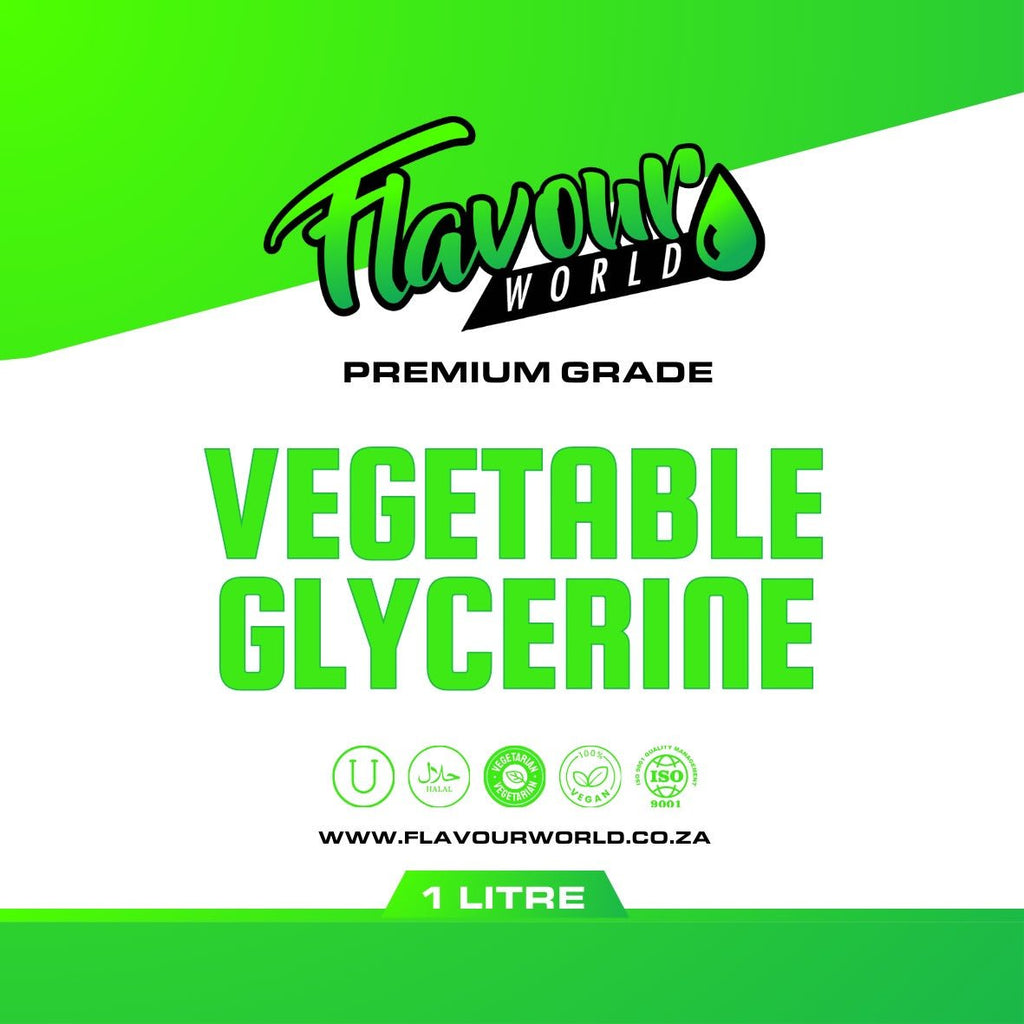 Bottle of PG VG & Premixed Eliquid Base Vegetable Glycerine BP for DIY e-liquid mixing, clear container with label visible.