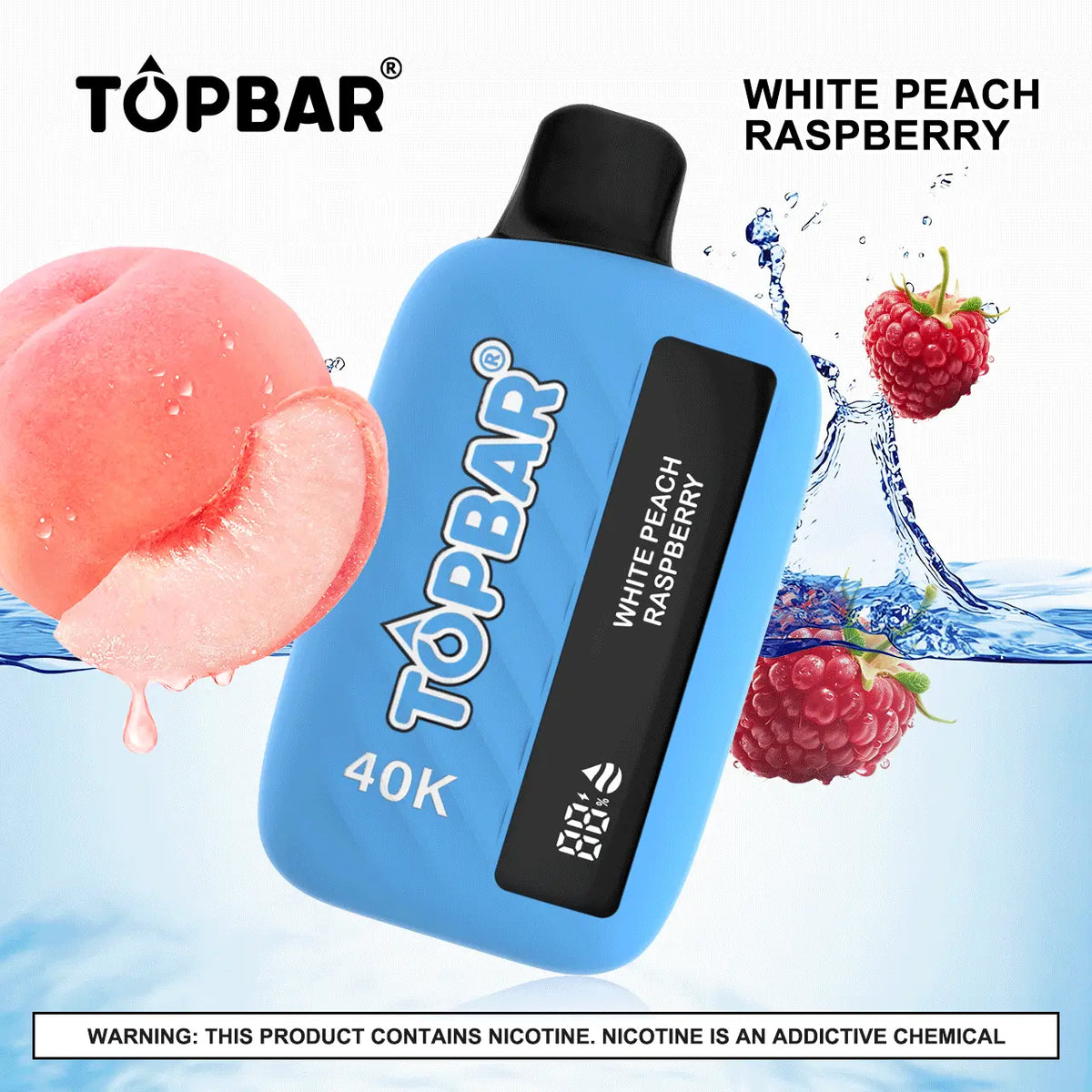 TOPBAR 40K White Peach Raspberry flavor vape juice bottle with white peach and raspberry illustrations on label.