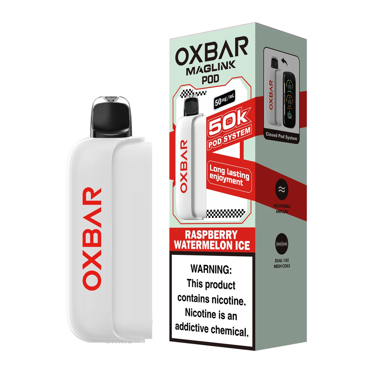 Oxbar Maglink 50K Raspberry Watermelon 50mg pod, no battery, shown in product packaging