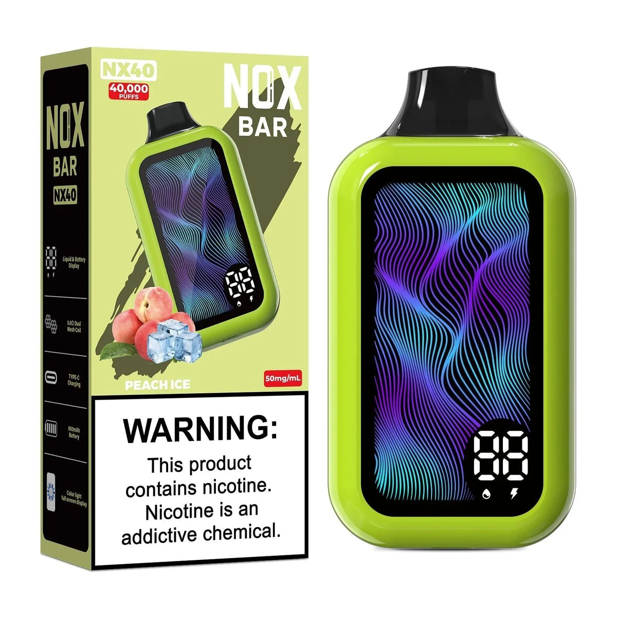 Nox Bar 40,000 Puff Peach Ice e-cigarette by Flavour World SA, showing the sleek device with peach and ice flavor branding.