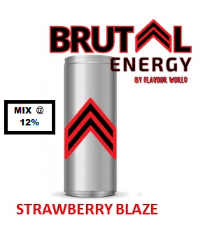 Brutal Energy Strawberry Blaze One Shot energy drink shot in a small bottle, featuring vibrant red packaging and fresh strawberry imagery.