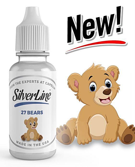 Capella Flavour Concentrates Cap 27 Bears Silverline bottle with colorful label and cap, showcasing bear illustrations.