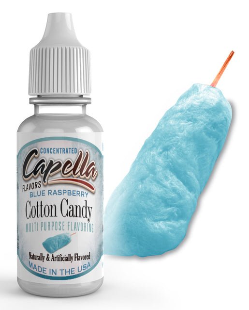 Capella Blue Raspberry Cotton Candy flavor concentrate in a bottle, showcasing vibrant blue raspberry flavor for DIY e-liquid mixing.