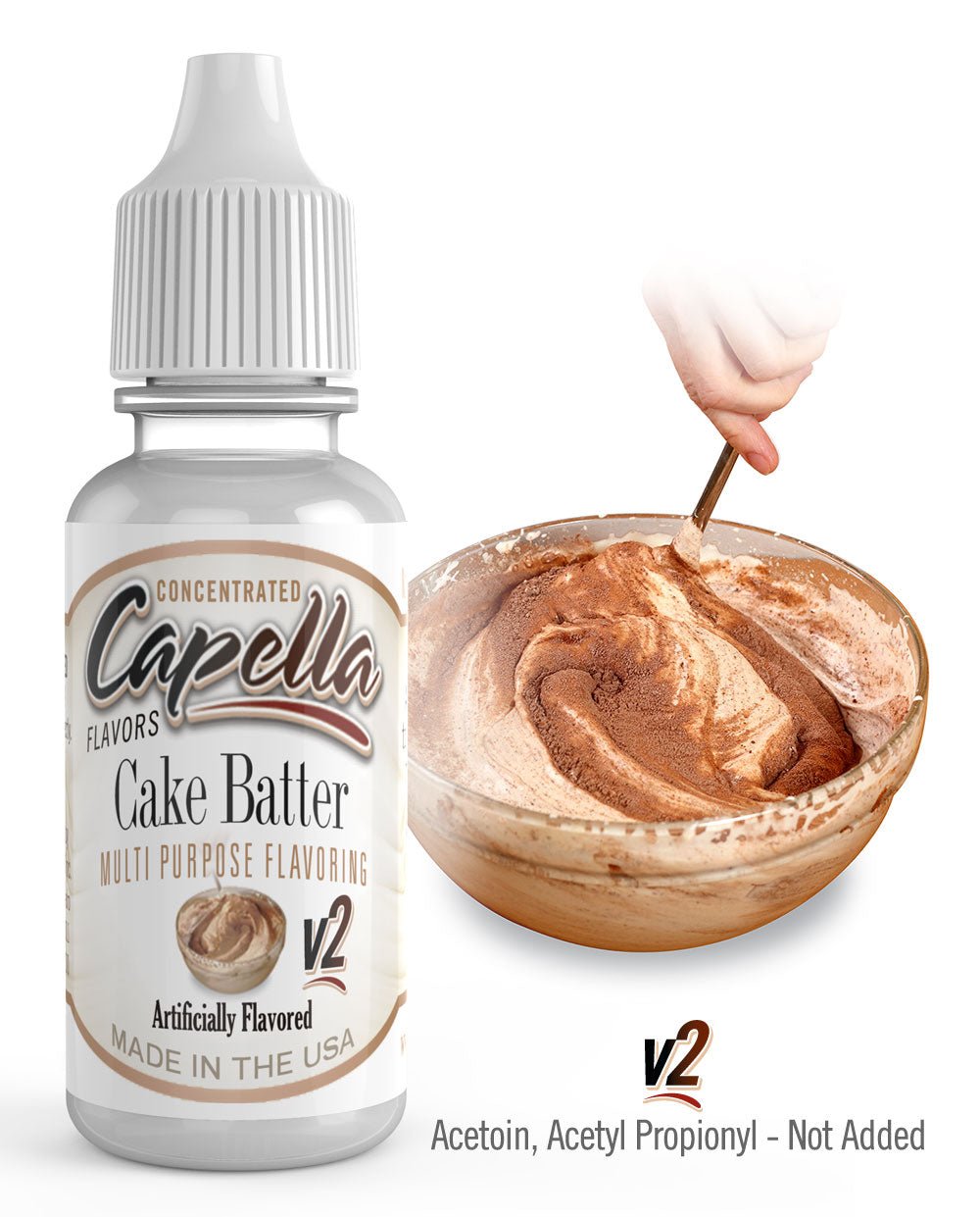 Capella Flavour Concentrates CAP Cake Batter V2 flavor concentrate in a small bottle, used for baking and dessert flavoring.