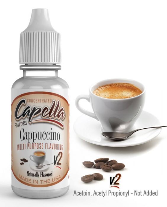 Capella Flavour Concentrates CAP Cappuccino V2 flavor concentrate bottle, close-up of the Capella V2 cappuccino flavor product.
