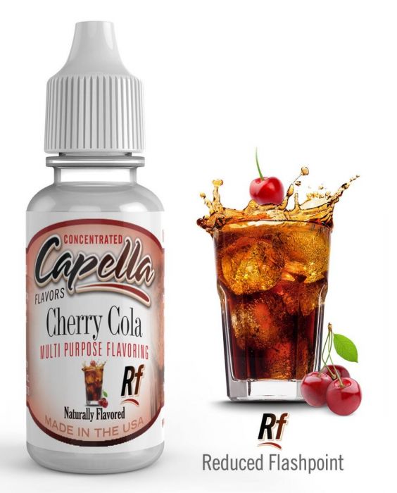 Capella Cherry Cola RF flavor concentrate bottle, showcasing the product with a label and cap for e-liquid flavoring.