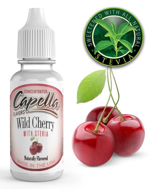 Capella Flavour Concentrates Cherry Wild with Stevia bottle, featuring a dark red liquid label and Capella branding on the packaging.