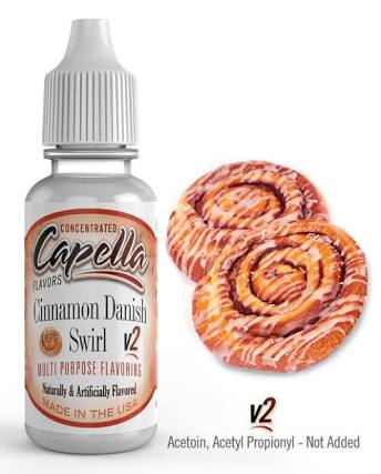 Capella Flavour Concentrates Cinnamon Danish Swirl V2 cap with the product label visible on the container.