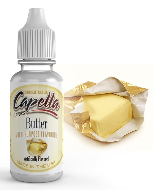 Bottle of Capella Golden Butter flavor concentrate from Capella Flavour Concentrates, with golden-yellow liquid inside.