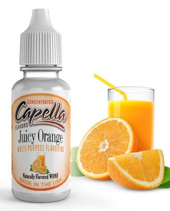 Capella Juicy Orange flavor concentrate in a small bottle, featuring bright orange liquid and a white cap.