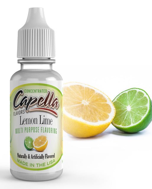 Capella Lemon Lime flavor concentrate bottle, clear liquid with label, used for DIY e-liquid or flavoring, by Capella Flavour Concentrates