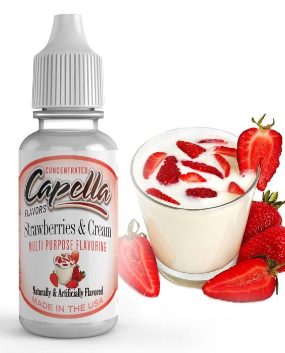 Cap with strawberries and cream flavor by Flavour World SA, featuring realistic strawberry and creamy design on the packaging
