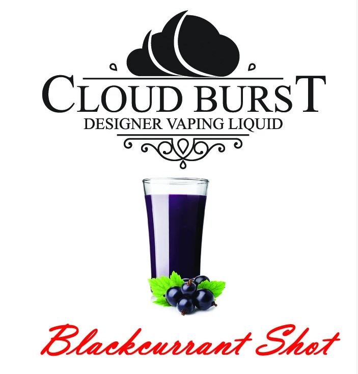 Cloud Burst Blackcurrant 10ml one shot bottle showing blackcurrant flavor and sleek black packaging.