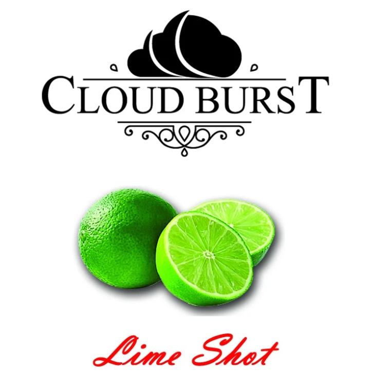 Cloud Burst One Shot CB Lime flavor e-liquid bottle with bright lime-green label and clear glass container.
