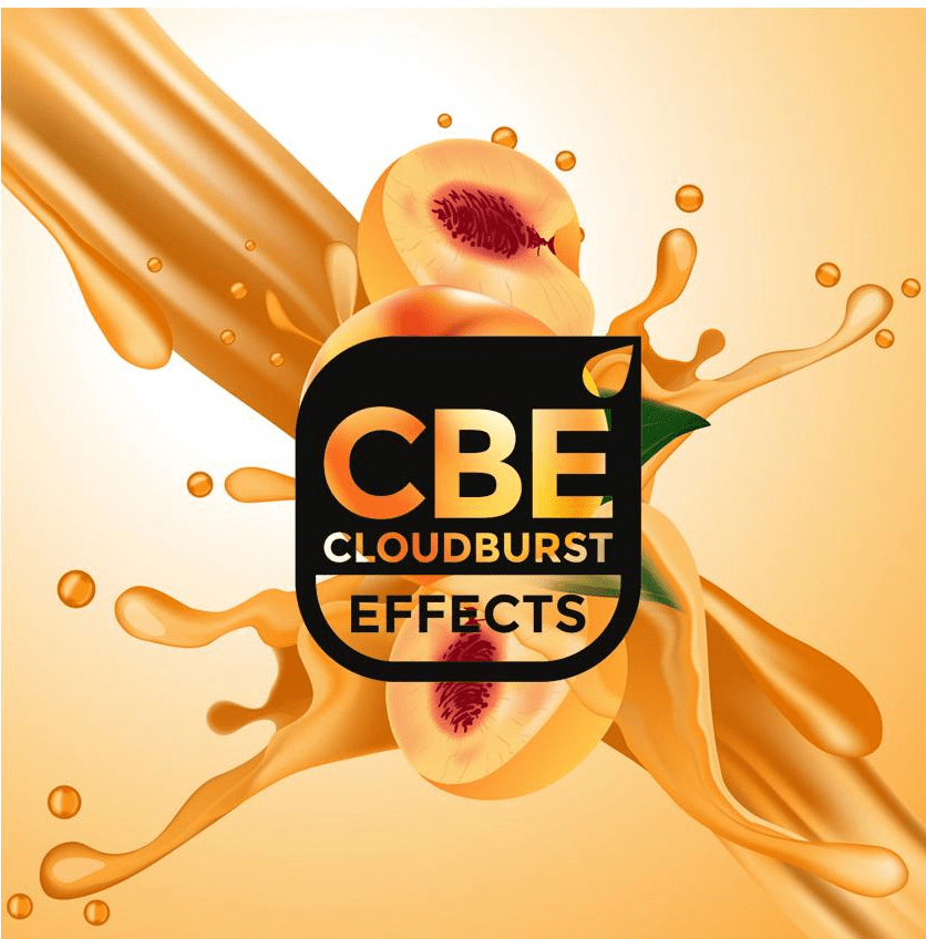 CBE Juicy Peach flavor bottle by Flavour World SA, featuring a vibrant label and peach imagery on a clear container.