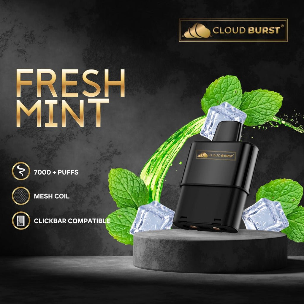 Cloud Burst Fresh Mint Click Bar battery with over 7000 puffs, compact vape device in a sleek mint flavor design.