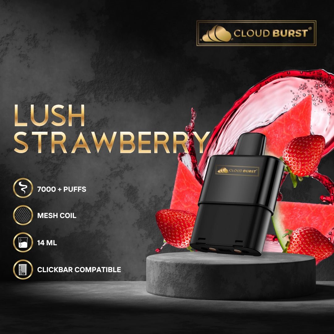 Cloud Burst Lush Strawberry Click Bar vape with 7000+ free clicks and rechargeable battery, featuring a vibrant strawberry flavor.