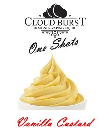 Cloud Burst One Shot Vanilla Custard e-liquid bottle with label, showcasing the flavor and brand branding on the packaging.