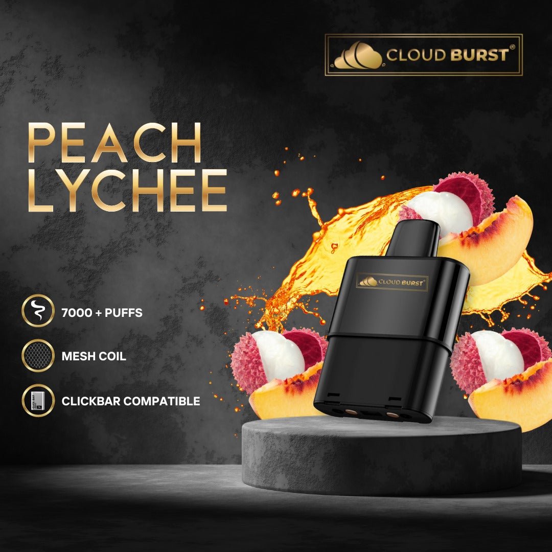 Cloud Burst Peach Lychee Click Bar with 7000+ free click bar battery, featuring vibrant peach and lychee flavor packaging.