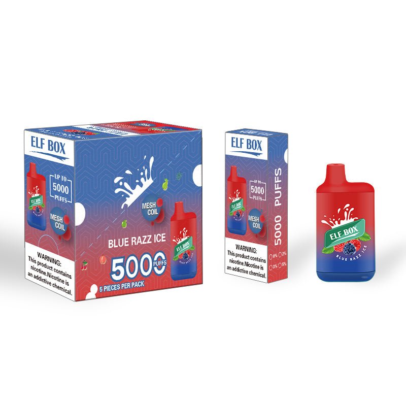 ELF BOX ELB5000 Blue Razz Ice 5% disposable vape by Flavour World SA, showing the sleek blue raspberry flavor device.