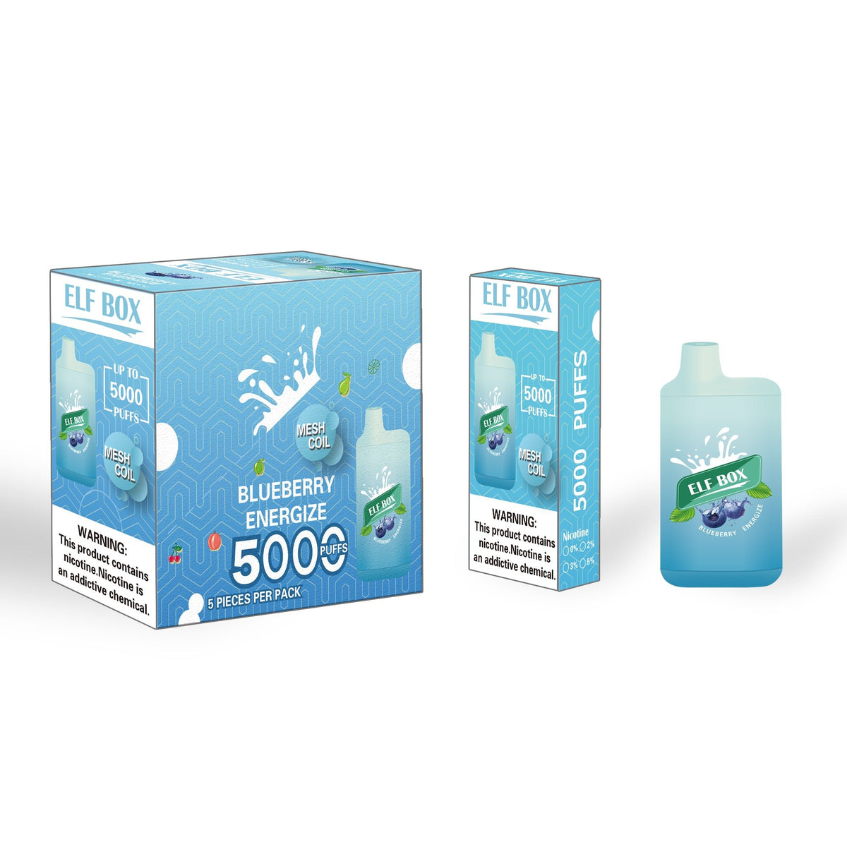 ELF BOX ELB5000 Blueberry Energize Ice 5% vape device from Flavour World SA, featuring a blue and white design with branding.