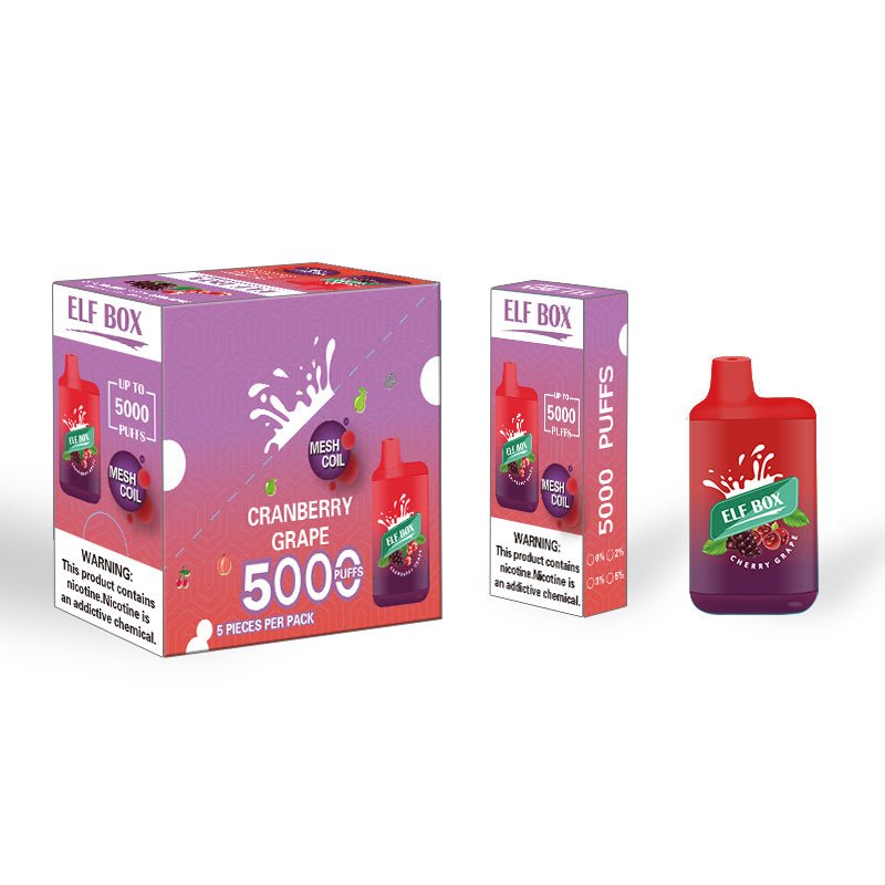 ELF BOX ELB5000 Cranberry Grape Ice 5% e-liquid bottle from Flavour World SA, featuring a colorful label with cranberry and grape images.